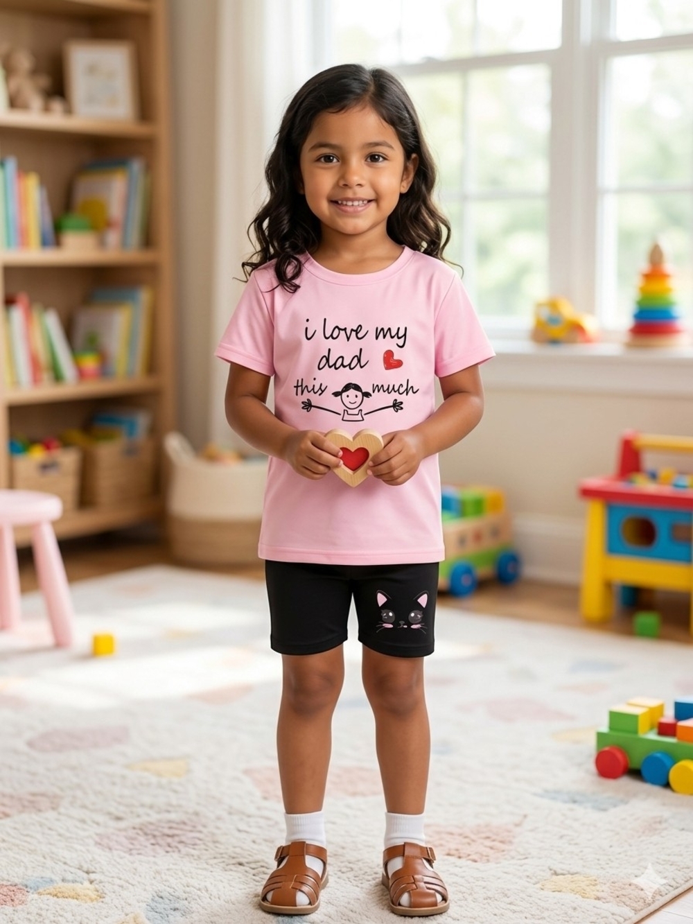 Girls' Pink 'I Love My Dad' Short Sleeve Tee with Black Cat Shorts Set